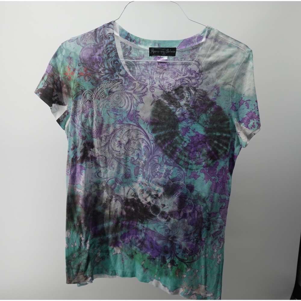 Appropriate Behavior Womens Turquoise Purple Tie Dye Paisley V-Neck Large L/G